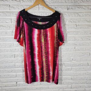 Notations Women Top 3X Plus Tunic Pink Black Watercolor Beaded Career WAT7E